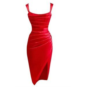 ADEIRLINA DRESSED OVER HILL RED MIDI SATIN DRESS XS